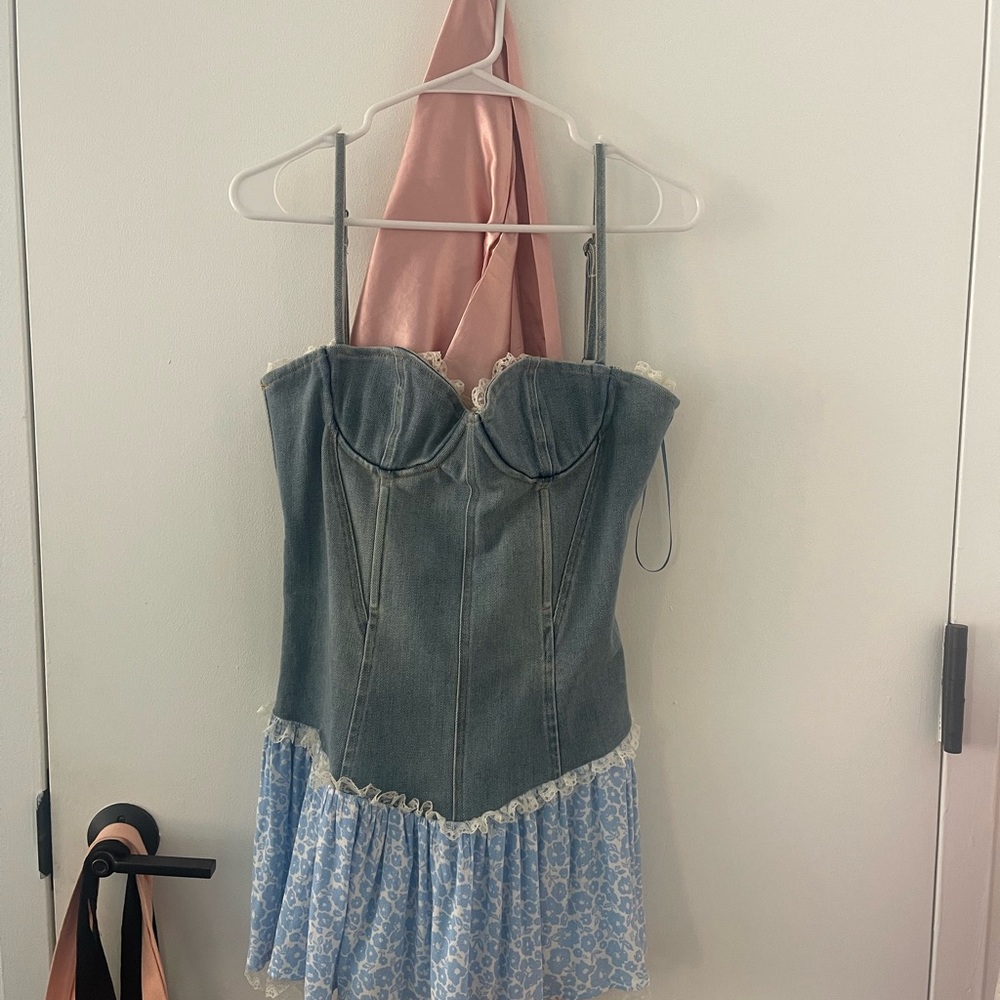 Denim Corset Dress with Blue Floral Skirt